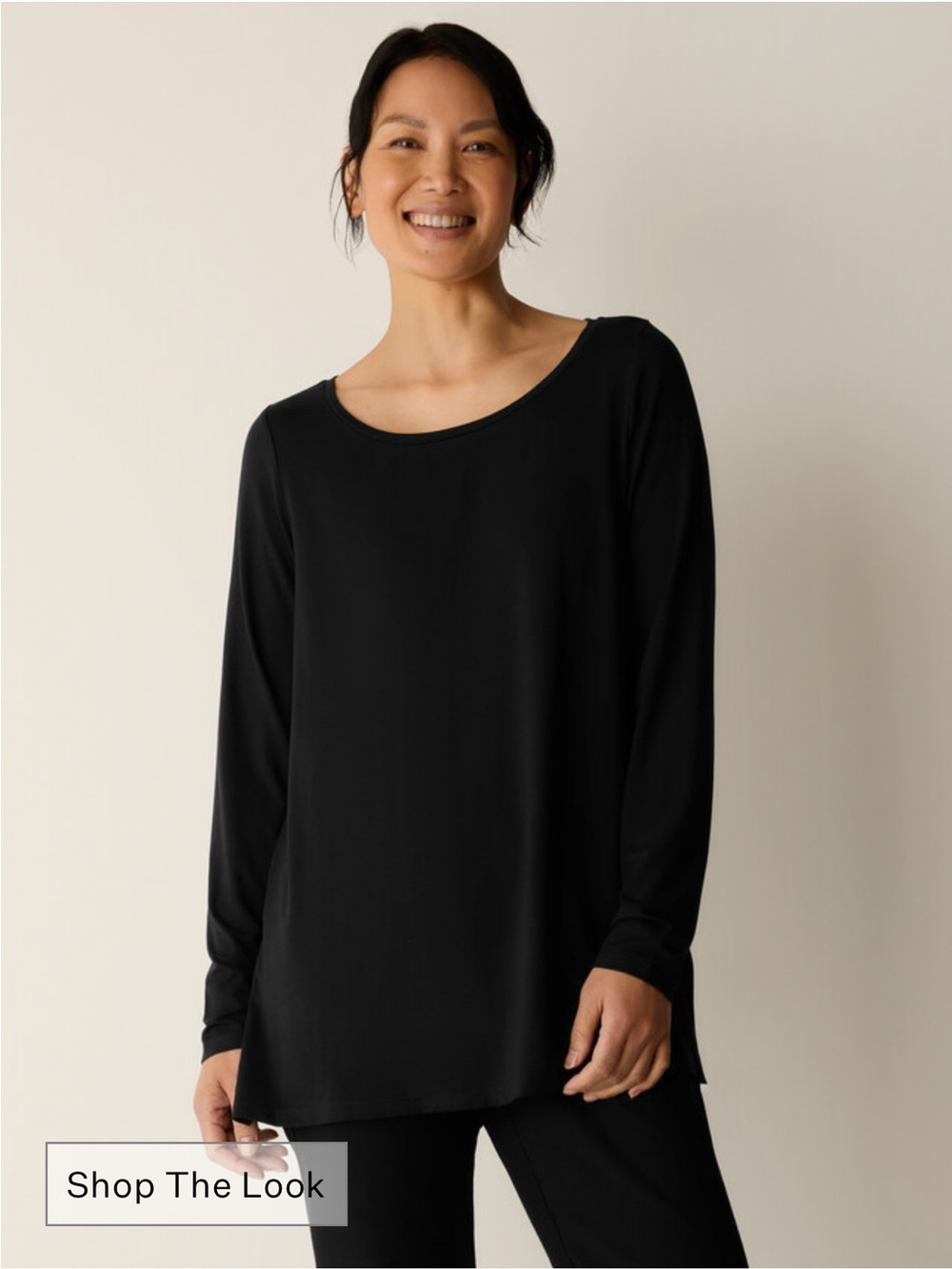 Eileen Fisher Black Long-Sleeve boatneck tunic soft Top